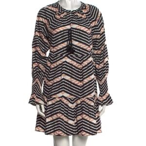 Figue $395 Chevron Striped Long Sleeve Mini Linen Dress Fairy Bohemian Resort XS
